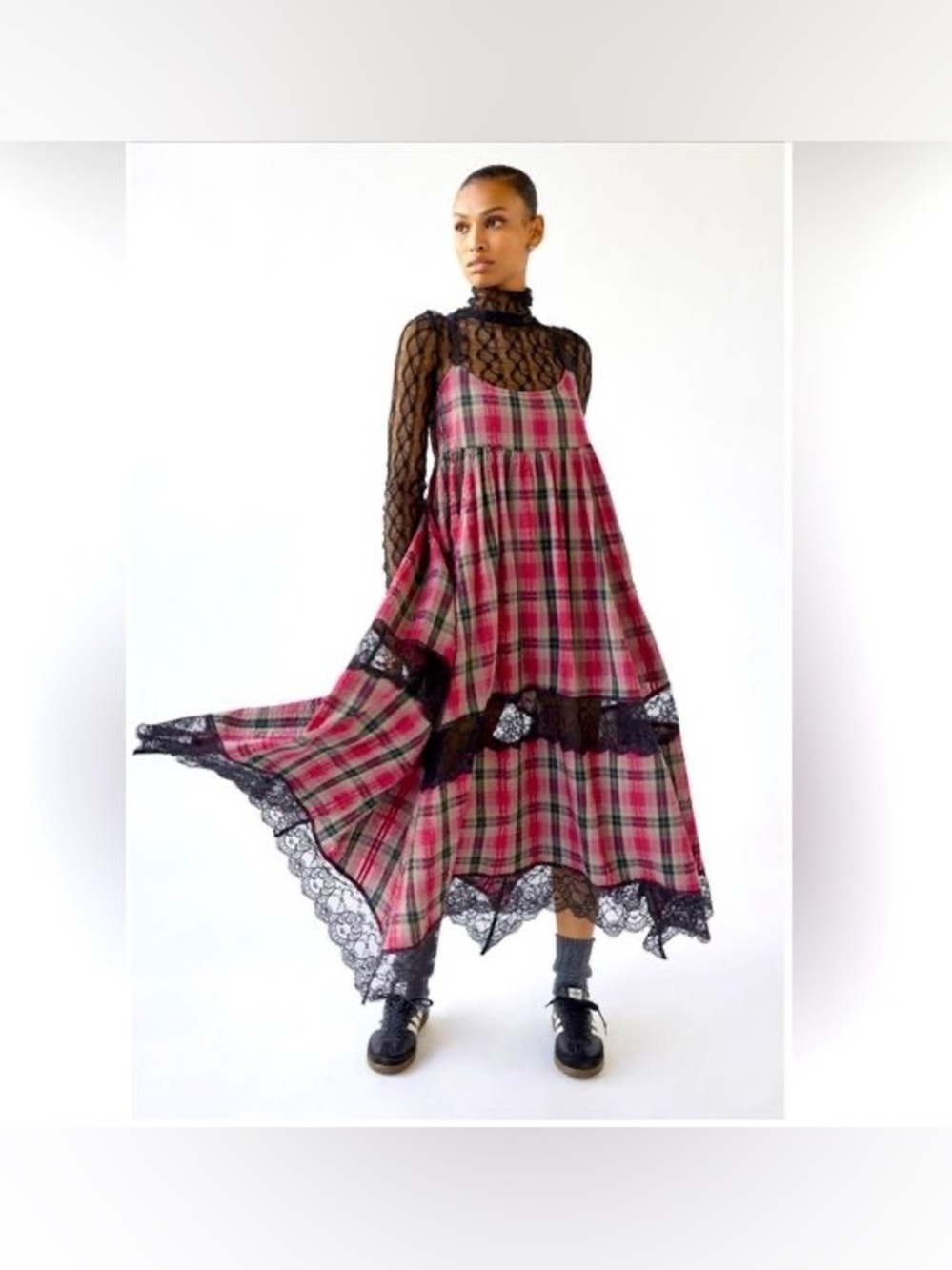 Urban Outfitters - Baez Lace Inset Maxi Dress Plaid Pink - M